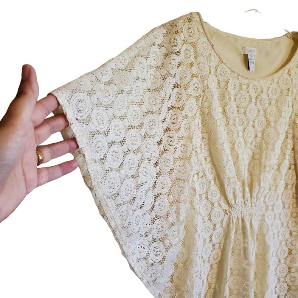 Chico's Lace Overlay Sheer Blouse with Batwing Sleeves - Picture 3 of 11